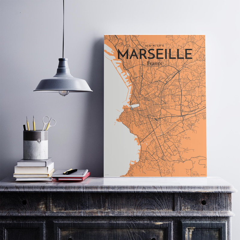 «Marseille City Map», impression, H 27,6 po x l 19,7 po, Orange et gris