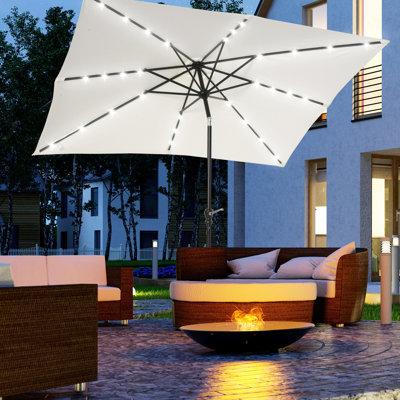 9' X 7' Solar Umbrella With Led Lights - Tilt And Crank Feature, Outdoor Shade For Different Spaces Lighted & Crank, Enjoying Leisure In Garden, Deck, Beach