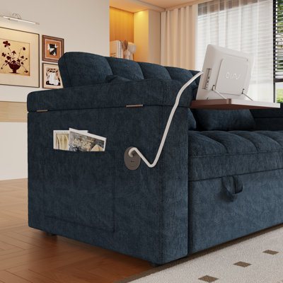 Canapé-lit 65 po 3-en-1, causeuse ajustable pliable en tissu cachemire doux, sac de rangement latéral et coussins pour le salon en appartement