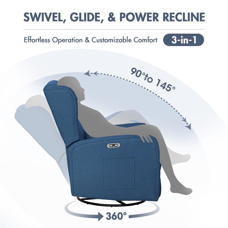 Candace Power Recliner 3-In-1 With Swivel, Glider, USB Ports, Blue