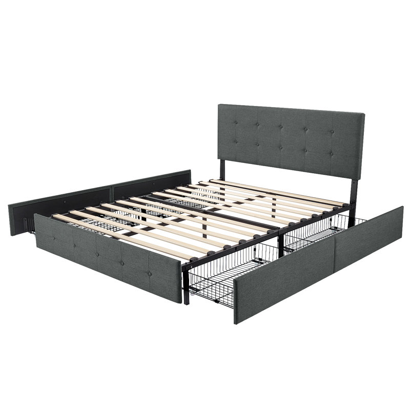 Lit plateforme avec rangement 4 tiroirs et tête de lit ajustable Deyani, Complète, Gris foncé