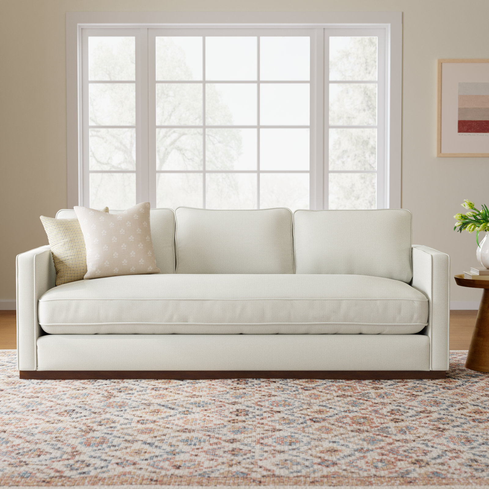 Bobbi 87'' Upholstered Sofa, Flannigan Cotton White Performance Weave, Walnut