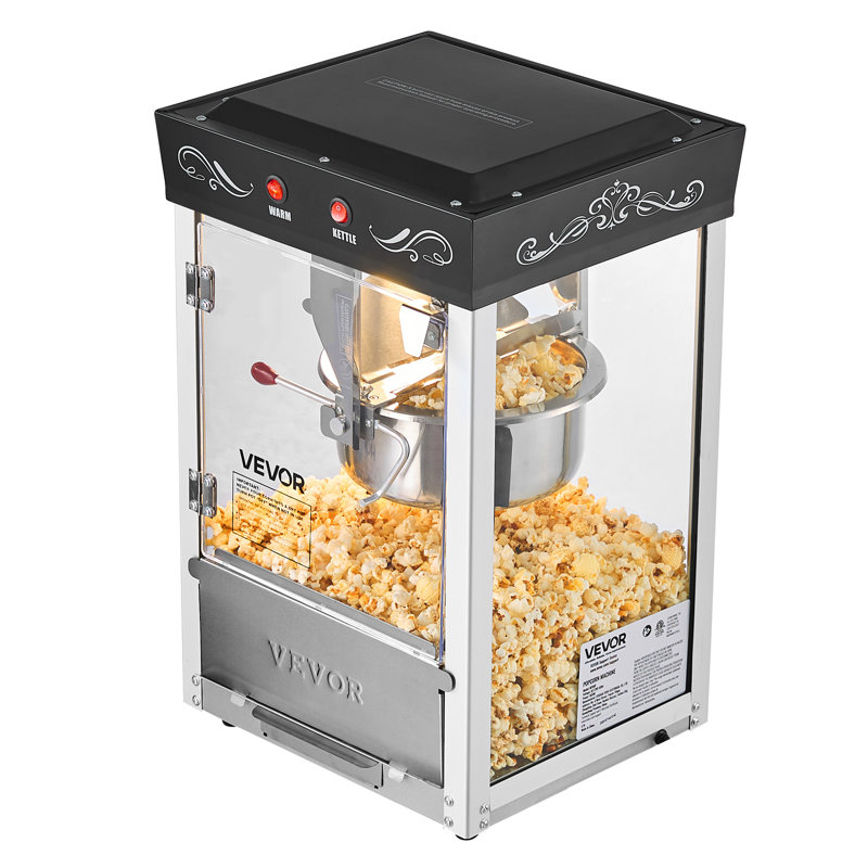Popcorn Machine, 8oz Stainless Steel Kettle, 800W Commercial Countertop Popcorn Maker, 48 Cups per Batch Theater Style Popper, with 2-Button Control Glass Wall PC Door 1 Scoop 3 Spoons, Black
