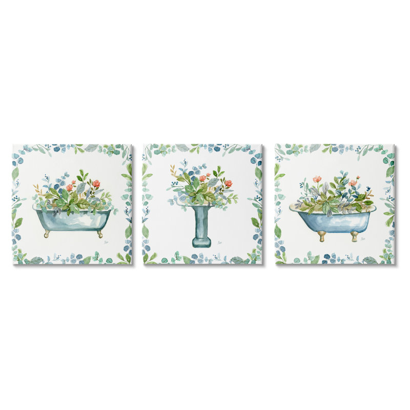 "Watercolor Floral Bathroom" par Nan - impression sur toile tendue 3 pièces