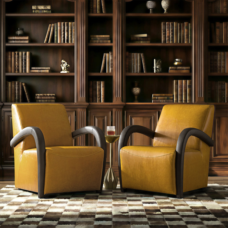 Peru 26.5"W Modern Napa Full Top Grain Genuine Leather Armchair with Unique Arms, Yellow