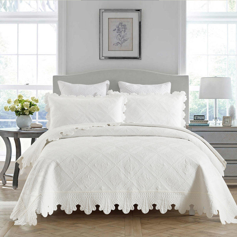 Ensemble 100% coton Tkemb broderie, Courtepointe grand + 2 couvre-oreillers standard, Blanc