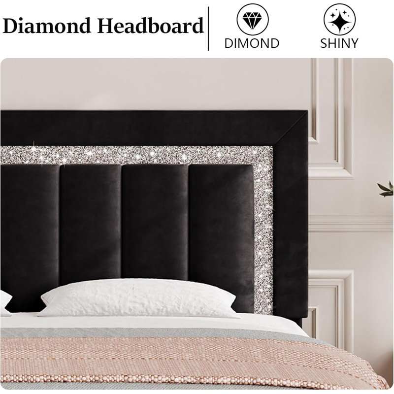 Full Black Velvet Upholstered Bed Frame with Diamond Tufted Headboard