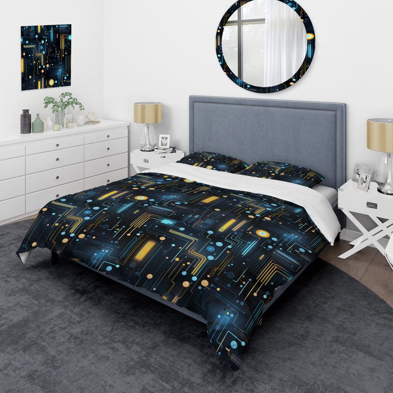 Literie bleue à rayures futuristes, Housse de couette simple + 1 taie décorative stan