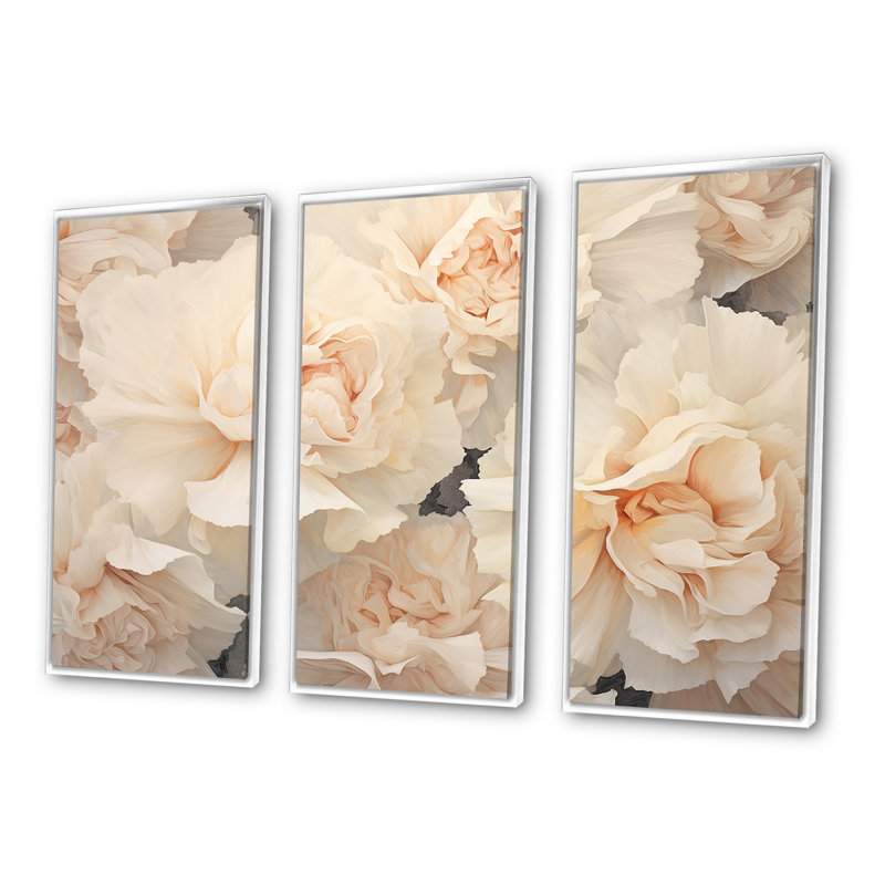 «Beige Carnations Arrangement V», ensemble d'art mural, H 40 po x l 60 po x P 1 po, Cadre flottant blanc