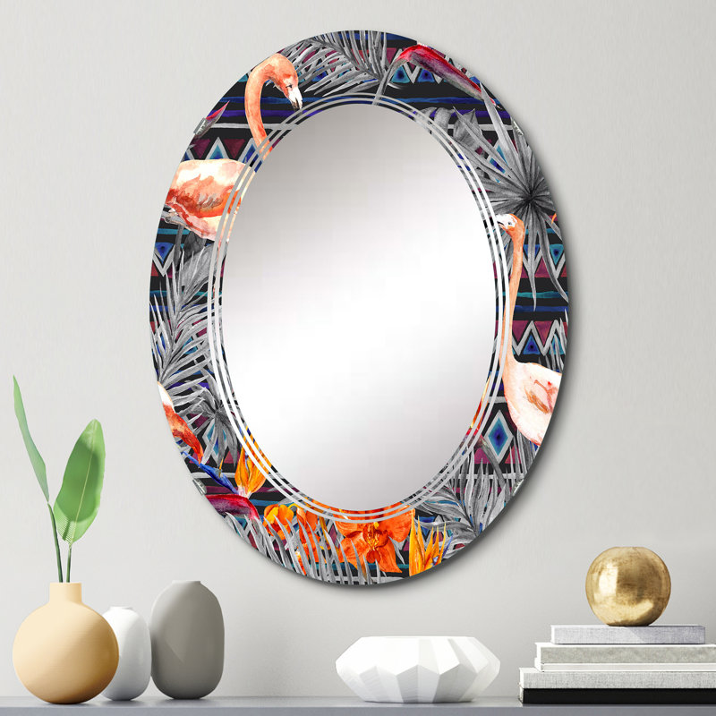 Flamant rose et fleurs exotiques oranges - Miroir mural à motif ovale, 30 po x 20 po