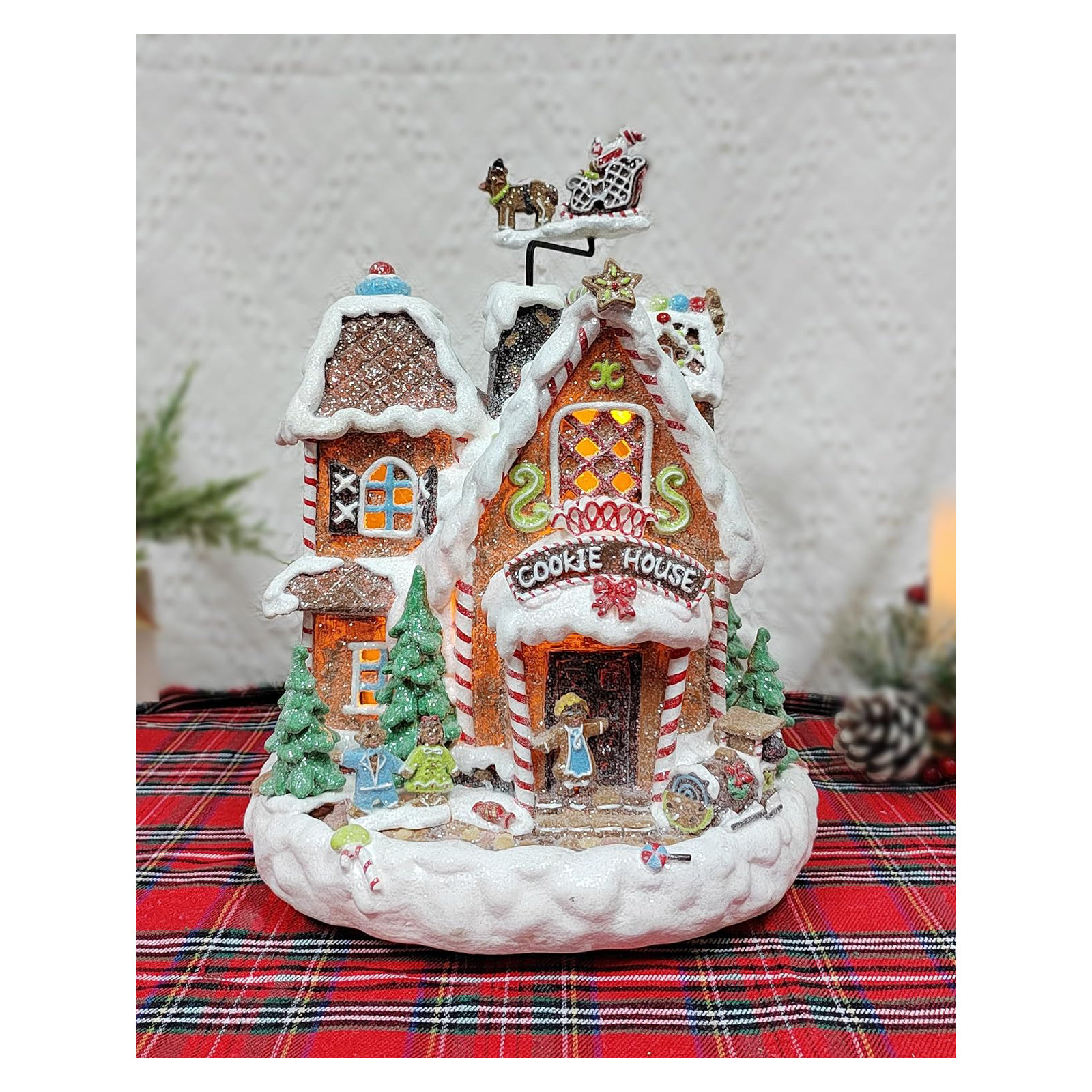 11.02”H Animated Gingerbread Cookie House (Santa) - LED, 8 Music, Adapter or BO - Hand-Painted Resin