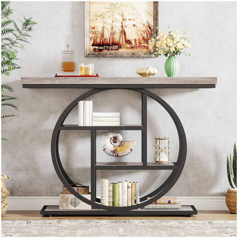 Console industrielle de 41,3 po, canapé gris à 4 niveaux avec cadre métallique circulaire unique et tablettes de rangement, table d'appoint étroite pour le salon, le couloir et le vestibule