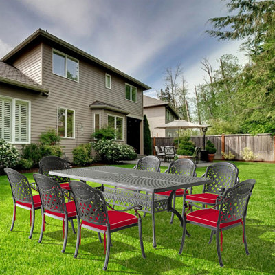 Ensemble de 9 meubles de patio en aluminium coulé avec coussins rouges 9 pièces