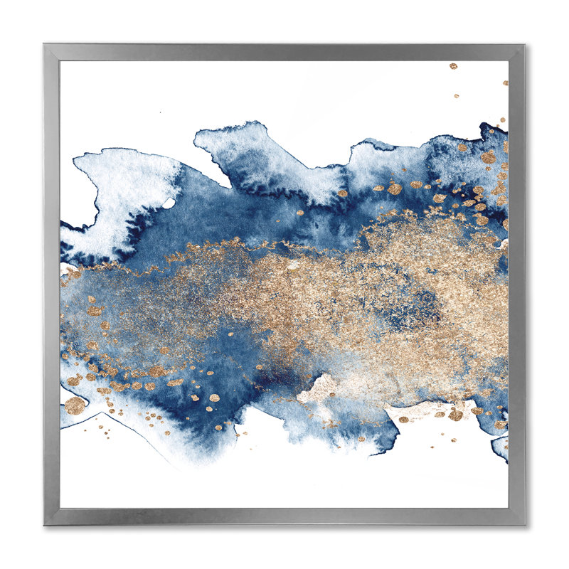 «Blue and Gold Marble Clouds II», reproduction d'art sur toile moderne, H 36 po x l 36 po x P 1 po, Cadre photo argenté