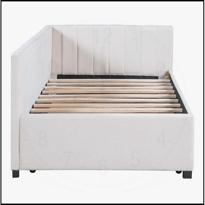  Lit de jour rembourré avec lit gigogne, sans sommier, tissu en lin pour une vie moderne et fonctionnelle, Beige, Lit simple
