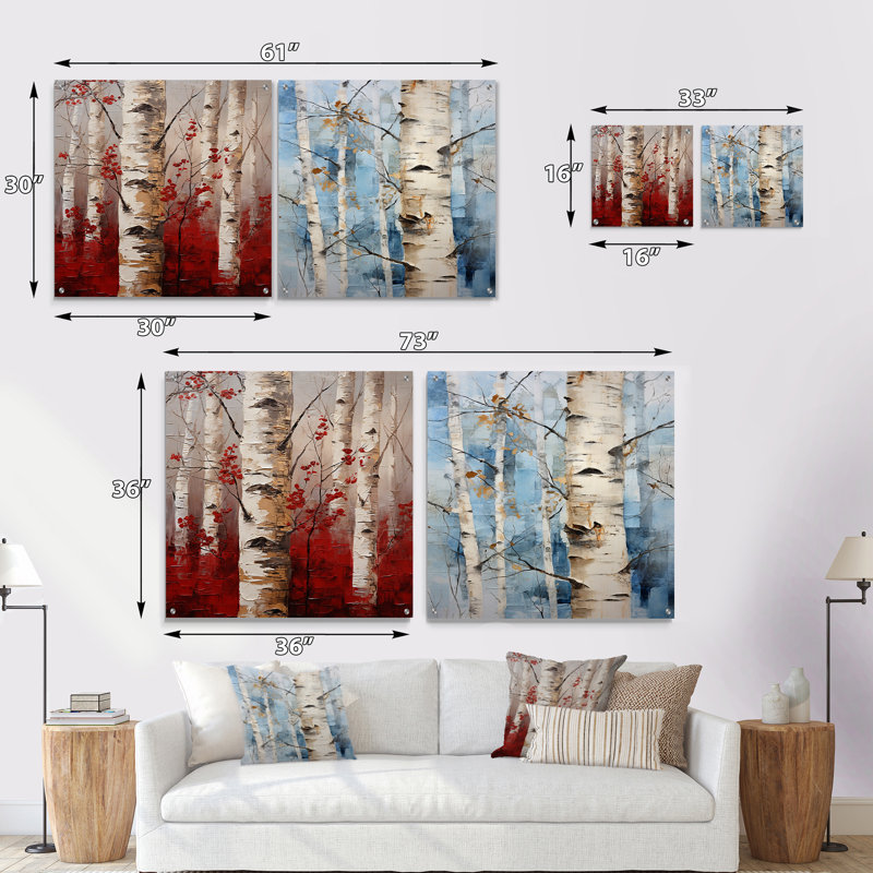 Bois de bouleau blanc et rouge en hiver V - ensemble de 2 peintures murales en acrylique, H 30 po x l 61 po
