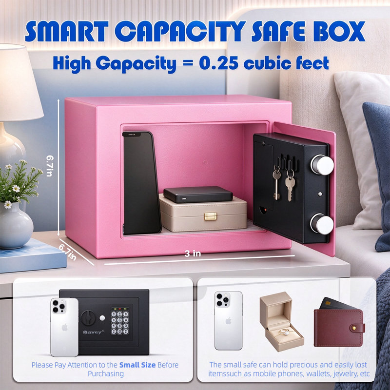 Electronic Safe Box with Key and Digital Keypad, Pink Security Lock Box, Small Home Safe 0.25 Cu Ft, Heavy Duty Solid Steel, Wall or Floor Mounted, for Money Jewelry Documents