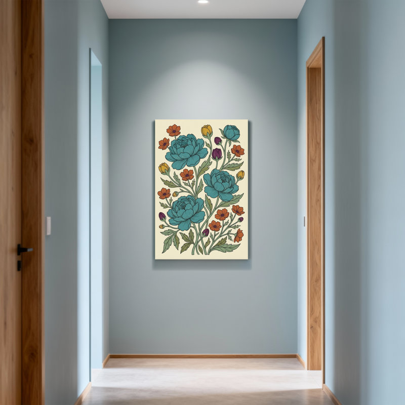 Motif floral de plantes et de fleurs avec des fleurs bleues et oranges, H 18 po x l 12 po