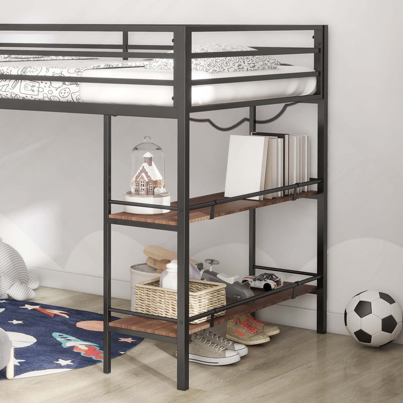 Lit mezzanine simple robuste avec tablette en bois de cannelle, échelle et garde-corps