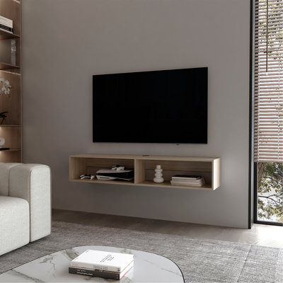 Support média central flottant en mélamine avec deux tablettes, chêne blanc