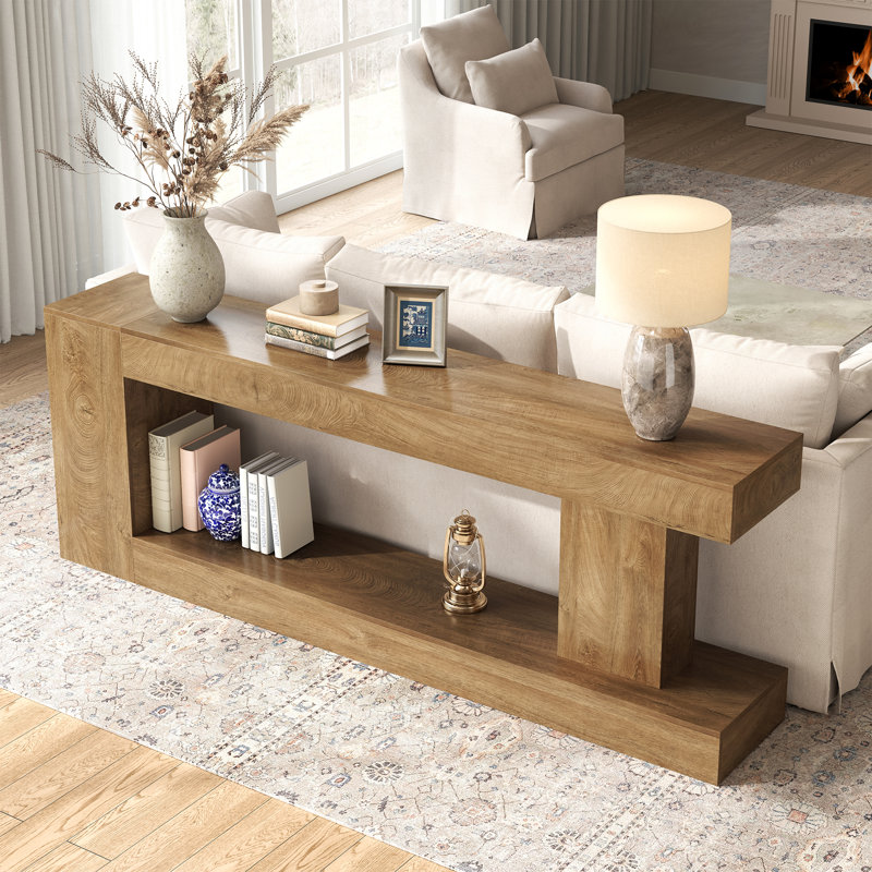 Console très longue de 82 pouces, table d'entrée de style campagne moderne pour vestibule, canapé derrière le canapé pour le salon, chêne naturel