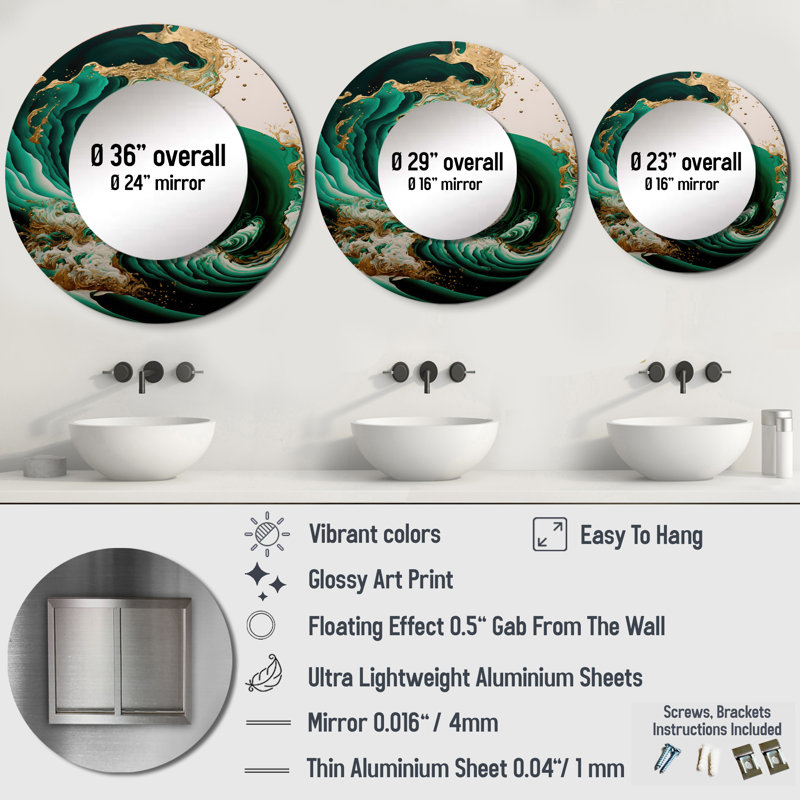 Spase Emerald Green And Gold Abstract Waves IV - Abstract Spirals Wall Mirror, Modern Round Decorative Mirror, Printed Metal Art