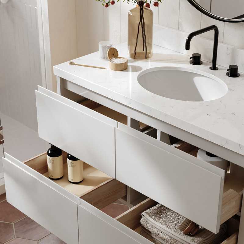   Ensemble de meuble-lavabo mural ovale simple de 42 po avec comptoir à quartz blanc de Carrare, Ensuko, Ovale, Blanc chaud