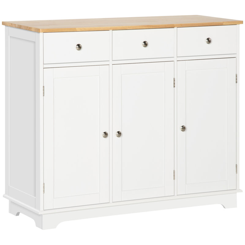 HOMCOM Sideboard With Solid Wood Countertop, Modern Kitchen Storage Cabinet, Coffee Bar Cabinet With 3 Drawers, Doors And Adjustable Shelf, White