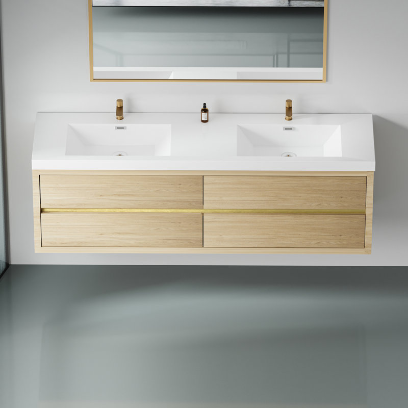 Armoire de rangement flottante pour salle de bain avec comptoir en résine de pierre et tiroirs à fermeture en douceur