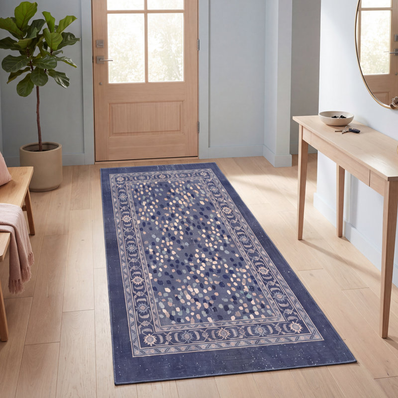 Tapis Highland Modern à motif mosaïque mouchetée abstraite, bleu marine, turquoise, gris, crème et rose, lavable à la machine, antidérapant, à poils courts, pour l'intérieur et l'extérieur, adapté aux animaux domestiques, idéal pour le salon, la chambre, la salle à manger, l'entrée, le couloir ou le bureau.