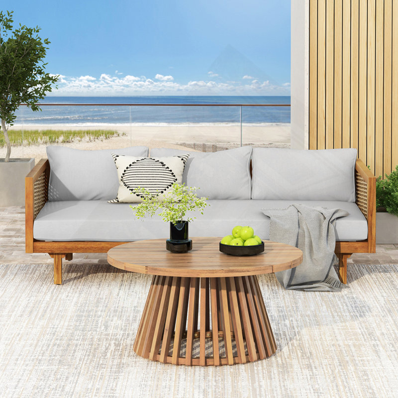 Lit de jour d'extérieur 3 places en bois d'acacia avec accoudoirs en rotin et table basse, Gris clair