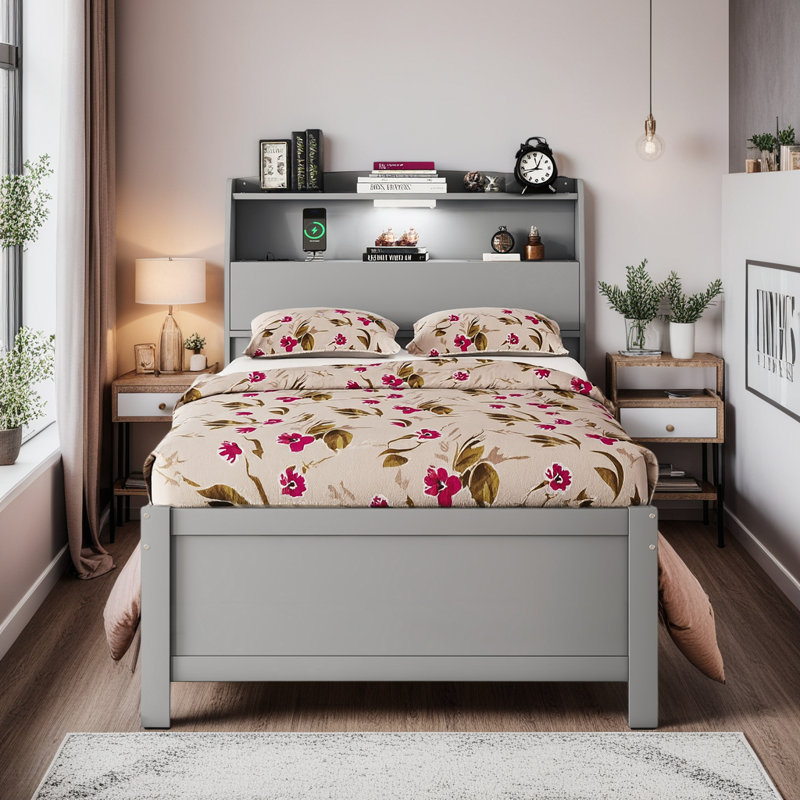 Lit plateforme avec rangement en bois FAlano avec tête de lit à DEL, ports de chargement USB, lit gigogne et tiroirs, Gris