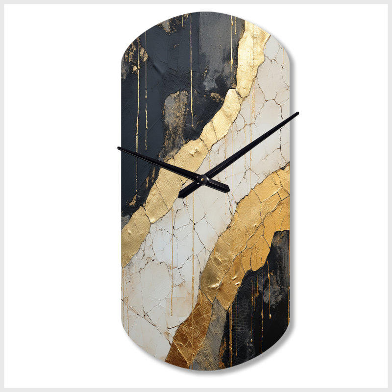 Horloge murale en métal noir or orné de poteries V - spirales abstraites, horloge murale cylindrique moderne, Grand
