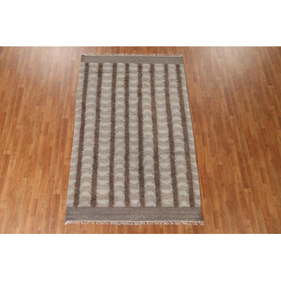Tapis beige en laine noué à la main de conception unique 5 pi 1 po x 6 pi 11 po New Age