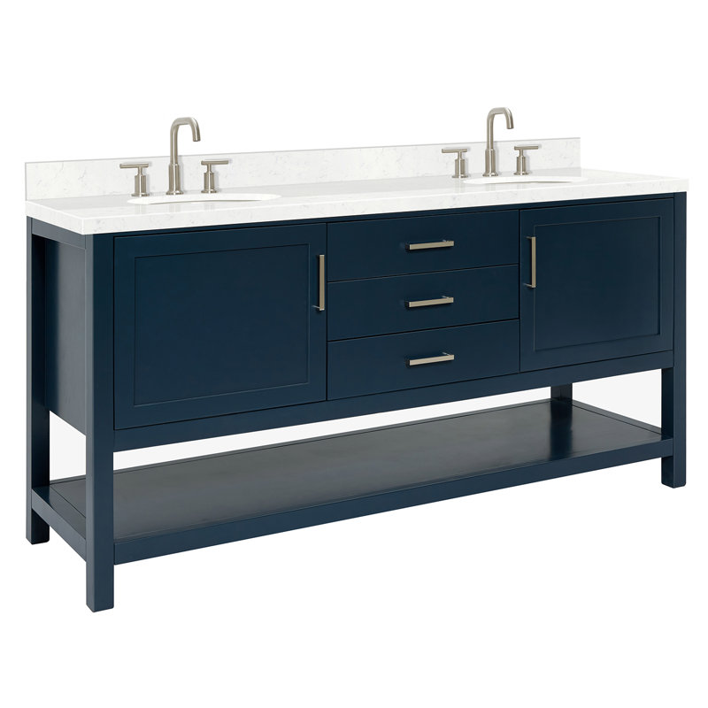 73'' Double Bathroom Vanity with White Quartz Top, Carrara White Quartz, Midnight Blue, Oval