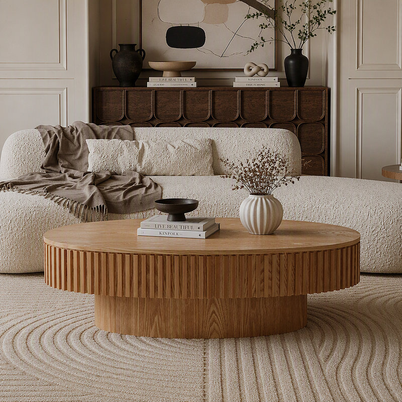 Table basse 47 po ovale avec rangement Table d'appoint moderne en placage de bois massif pour salon, chambre à coucher, appartement ou bureau, bois naturel