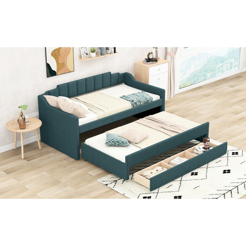 Twin Daybed With Drawers And Trundle For A Space Office Upholstered In Drawer Efficiency, Pine Wood, Green