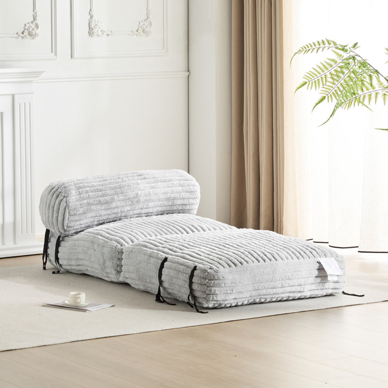 Pouf convertible de 37 po en fausse fourrure gris clair, 2 en 1, pliable et se dépliant en lit de sol, garni de mousse déchiquetée avec coussin cervical, aucun assemblage requis