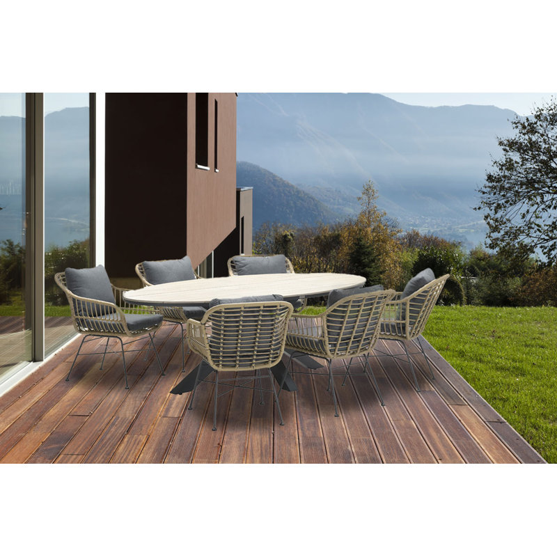 Camelopardalis Oval 7 Piece 6 Person 220cm L Outdoor Table Set with Nivelles Dining Chairs, Natural, Dark Grey, Beige
