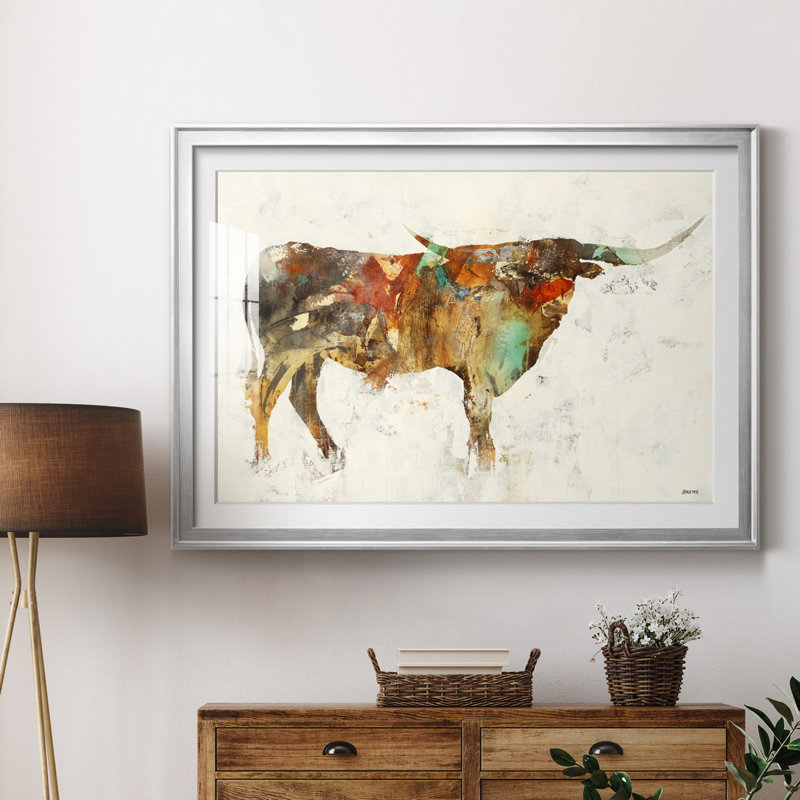 Long Horn - Matted and Framed Under Acrylic Glass, Large Living Room Wall Art, 30.5" H x 42.5" W x 1.5" D