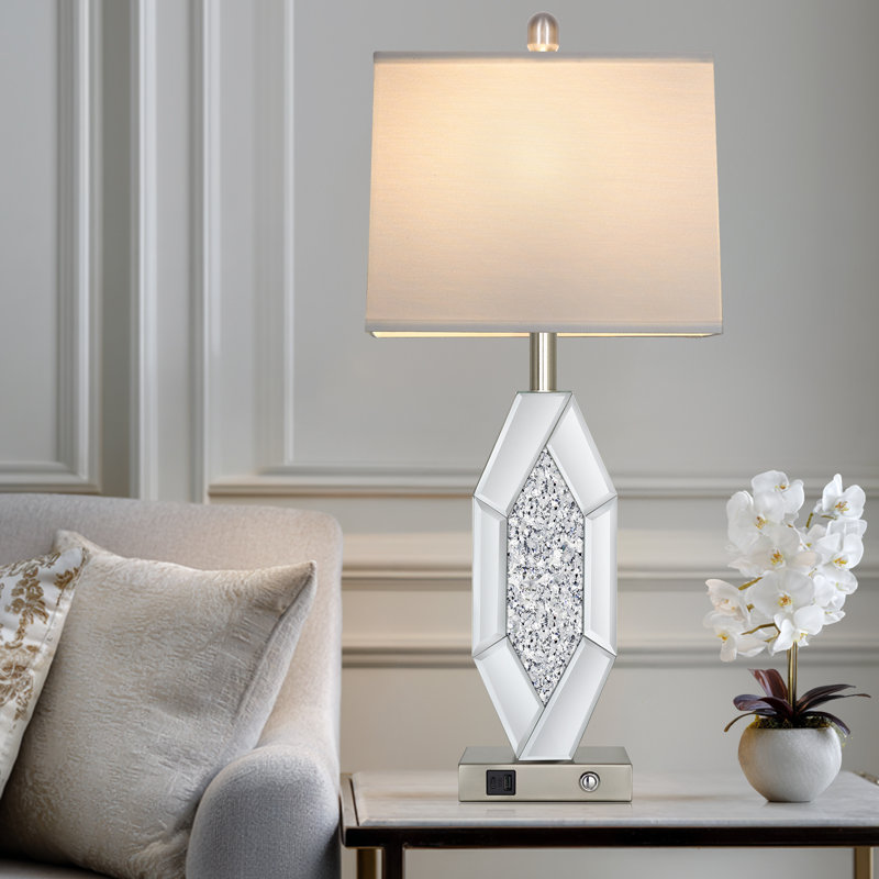 Lampe de table moderne en miroir 27,5 po avec USB et commande tactile de type C à 3 voies, Argent argent, Ovale