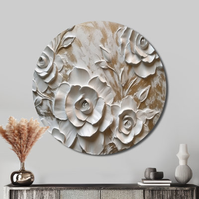 White Roses In Bloom - Floral Round Metal Art