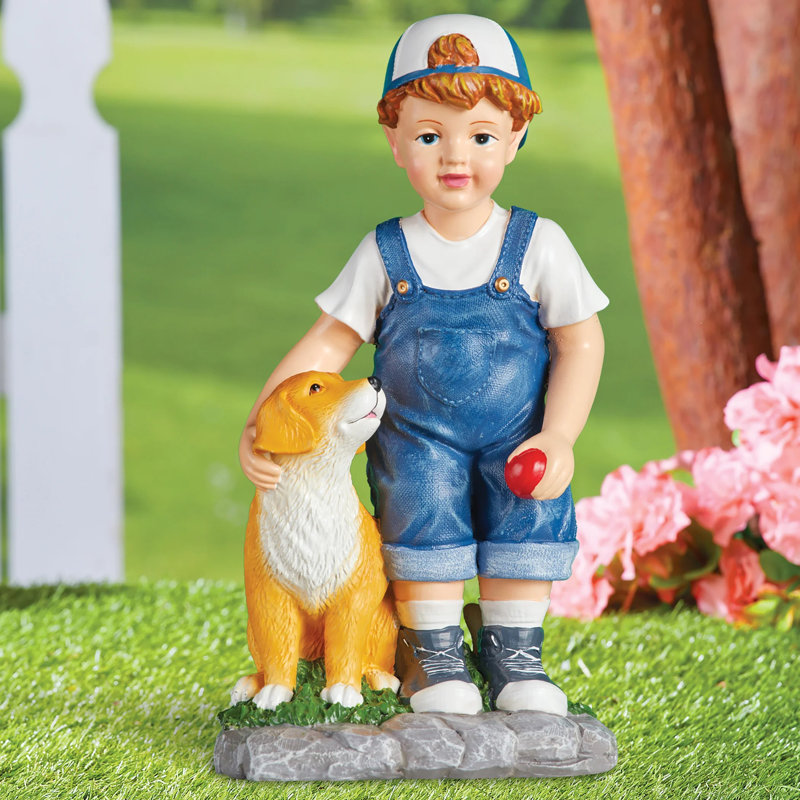 Hand-Painted Boy in Denim Overalls with Dog Garden Statue