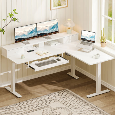 Bureau debout en L réglable en hauteur avec tiroirs en tissu, bureau d'ordinateur d'angle électrique avec plateau pour clavier, bureau à domicile avec surface de travail peu encombrante, bureau debout avec support pour écran