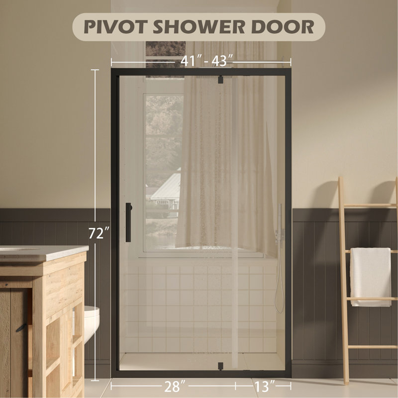 41-43" W ×72" H Pivot Shower Door, 1/4"(6Mm) SGCC Clear Tempered Glass Shower Door With Explosion Film, Nano Easy-Clean Coating, Reversible Installation, Matte Black
