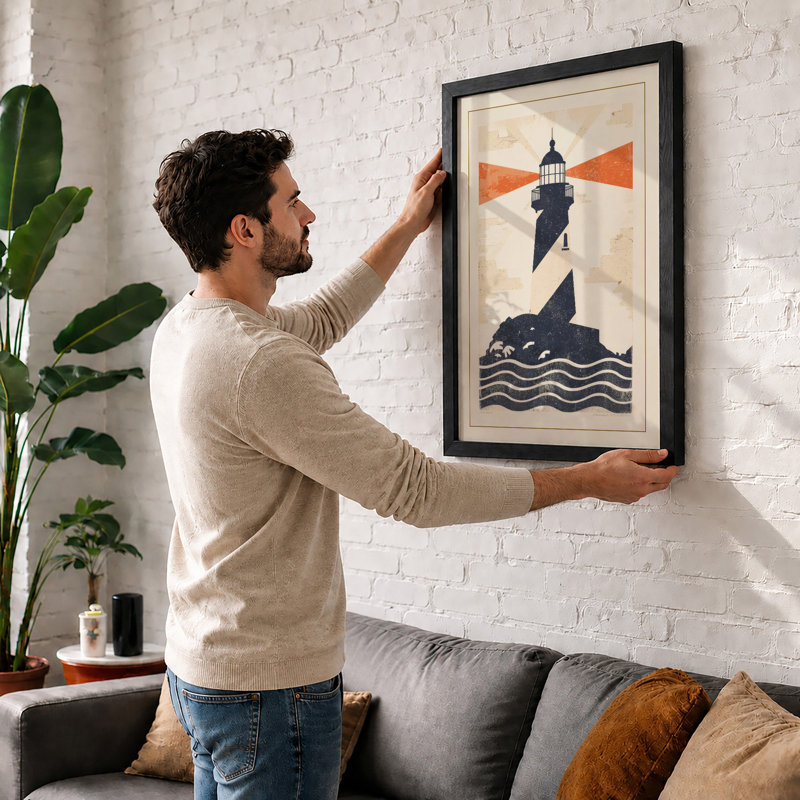 Lighthouse on Stone Retro - Framed Print, A3 - 42.0 x 29.7 cm, Black