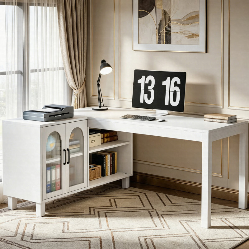59" L-Shaped Executive Desk, Corner Computer Desk With Storage Cabinet & Shelves For Home Office, White