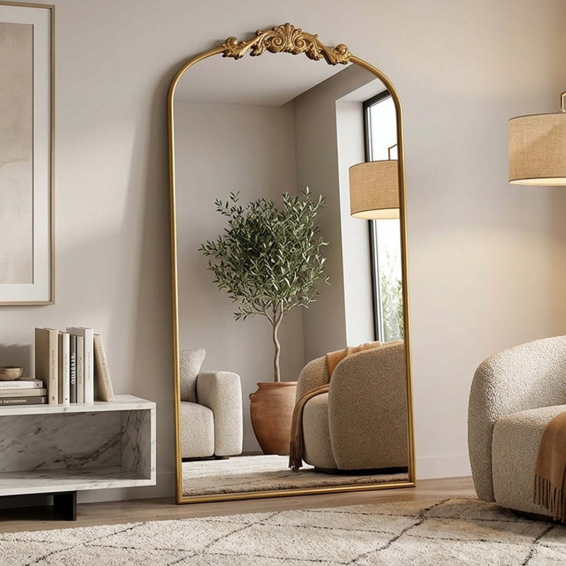 Miroir de plancher arqué pleine longueur avec cadre sculpté, verre antidéflagrant, fixation murale ou rétro doré