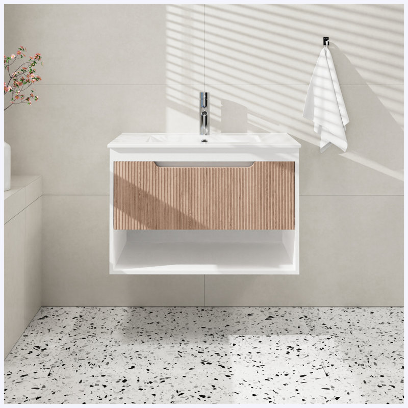 Meuble-lavabo de salle de bain flottant 30 po seulement, panneau de fibres à densité moyenne mural avec tiroir à grain de bois cannelé, rails à fermeture douce et tablette ouverte, blanc / chêne (lavabo non inclus)