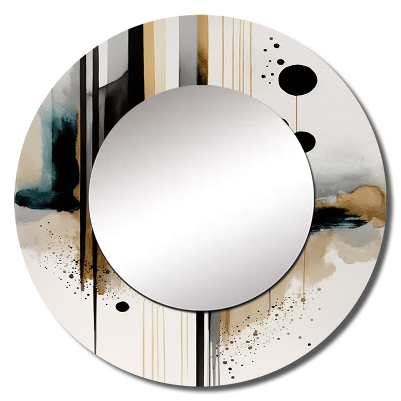 Piguerias abstrait transitionnel moderne formes I - grand miroir mural de formes abstraites, miroir décoratif rond noir, impression d'art en métal